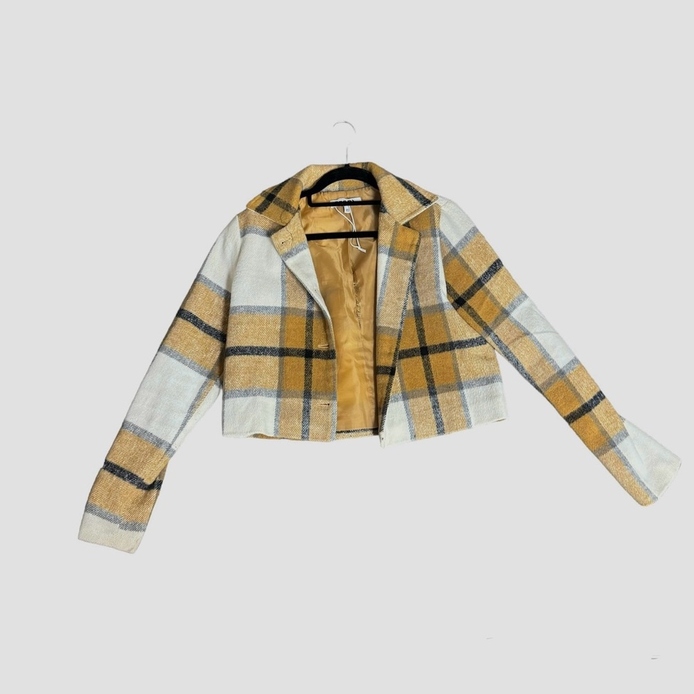 women’s STORY beige and white plaid cropped jacket blazer size XS like new